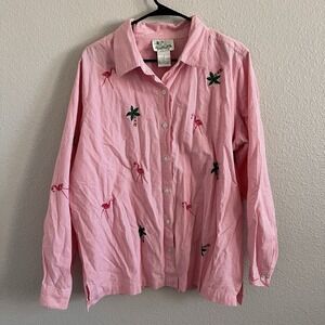 Quacker Factory Women's Top Blouse Long Sleeve Gingham Artsy Embroidered Beach